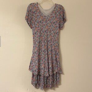 Floral Pattern Tiered Ruffle Knee Length Short Sleeve Dress